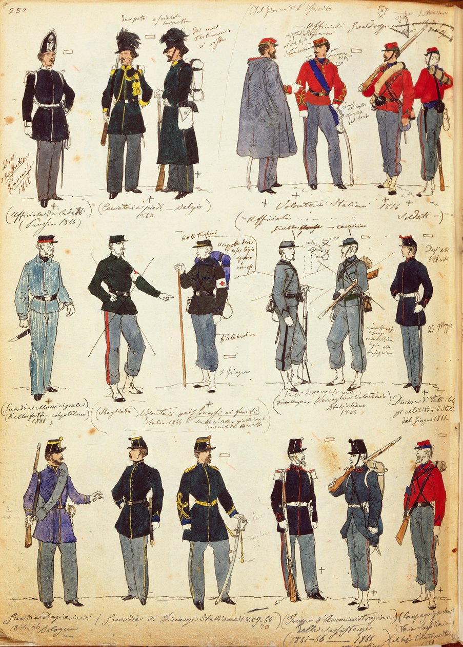 Ulike italienske uniformer i vanlig bruk mellom 1859 og 1866 av Quinto Cenni, fargeplate av Quinto Cenni