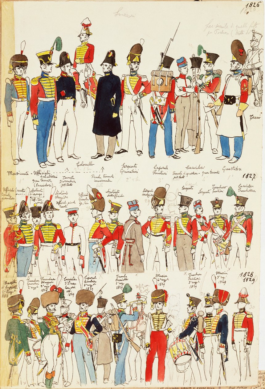 Diverse uniformer, datert fra 1826 til 1829. Fargeplate av Cenni Quinto av Quinto Cenni