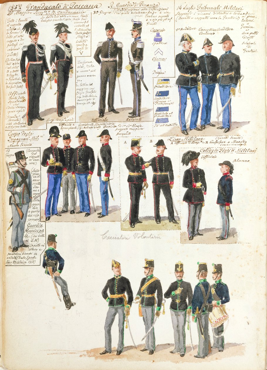 Ulike uniformer fra Storhertugdømmet Toscana av Quinto Cenni, fargeplate av Quinto Cenni