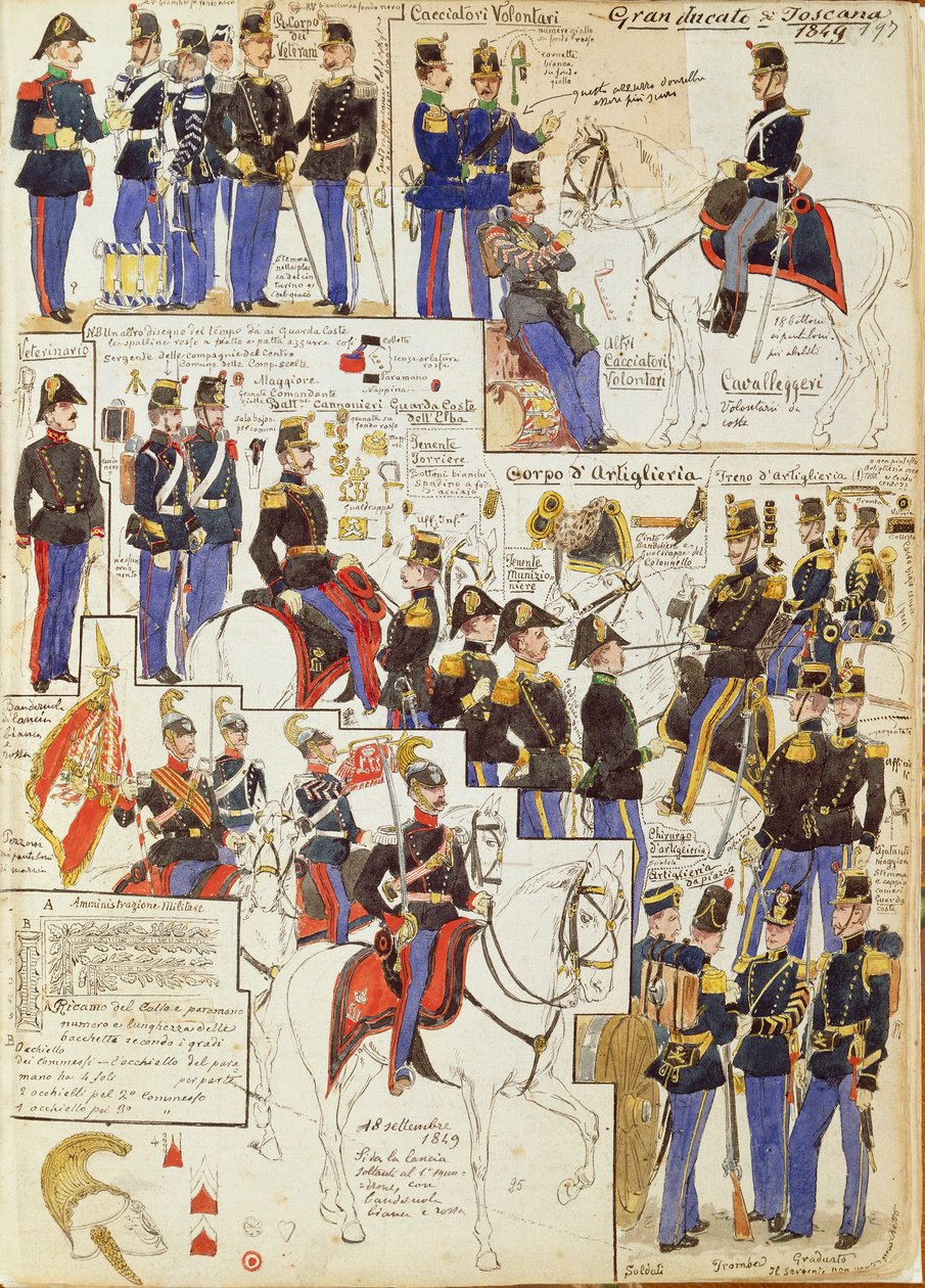 Ulike uniformer fra Storhertugdømmet Toscana av Quinto Cenni, fargeplate av Quinto Cenni