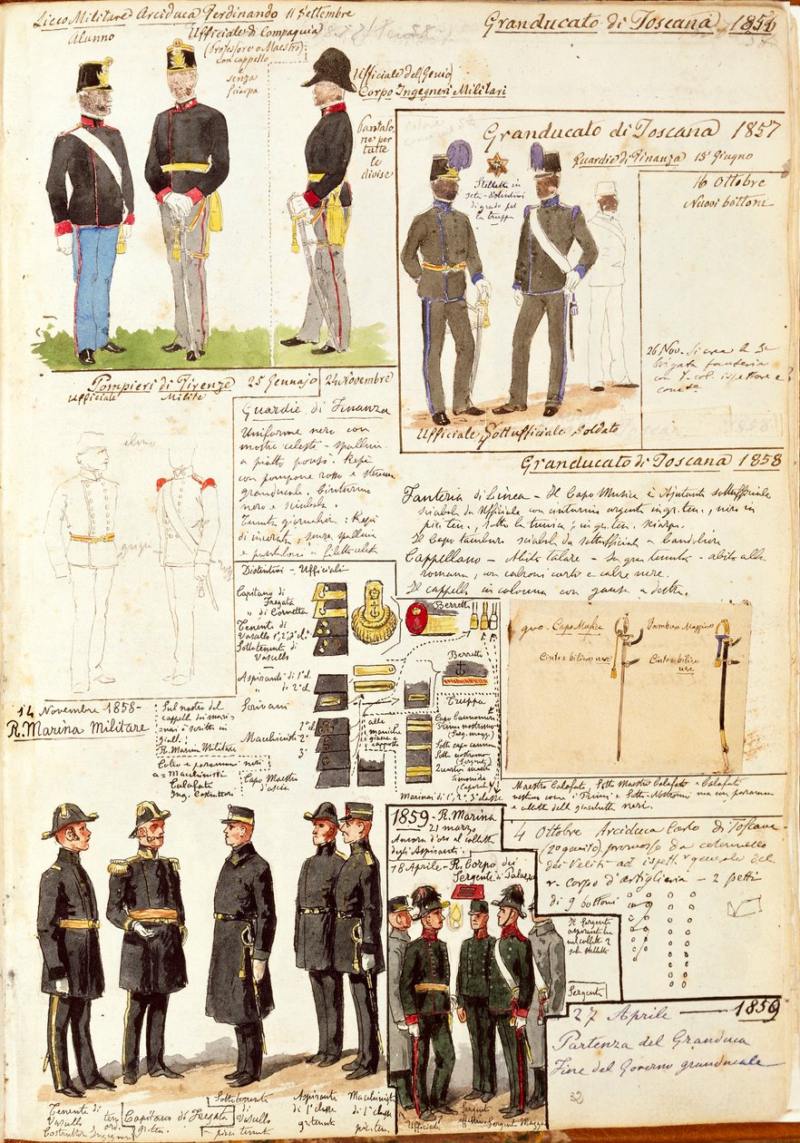 Ulike uniformer fra Storhertugdømmet Toscana av Quinto Cenni, fargeplate av Quinto Cenni