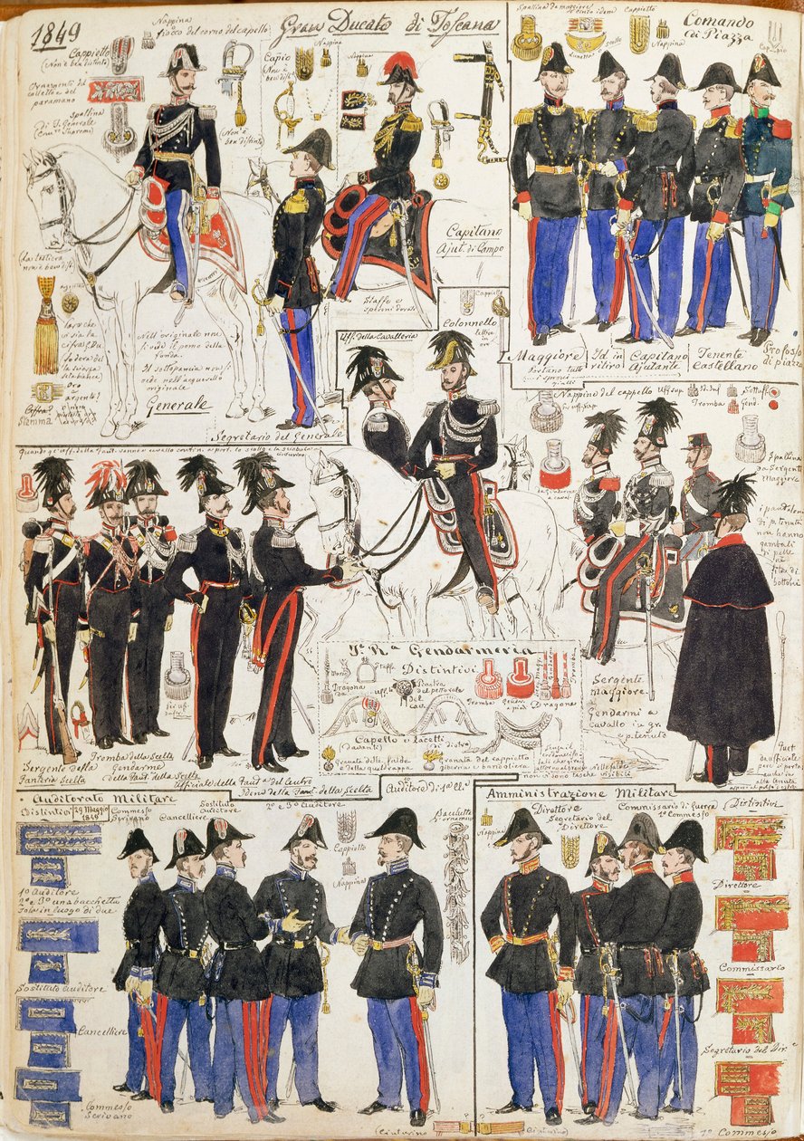 Ulike uniformer fra Storhertugdømmet Toscana av Quinto Cenni, fargeplate av Quinto Cenni