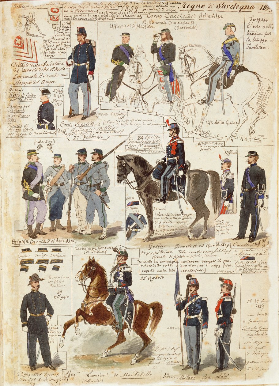 Ulike uniformer fra Kingdom of Sardinia av Quinto Cenni, fargeplate av Quinto Cenni