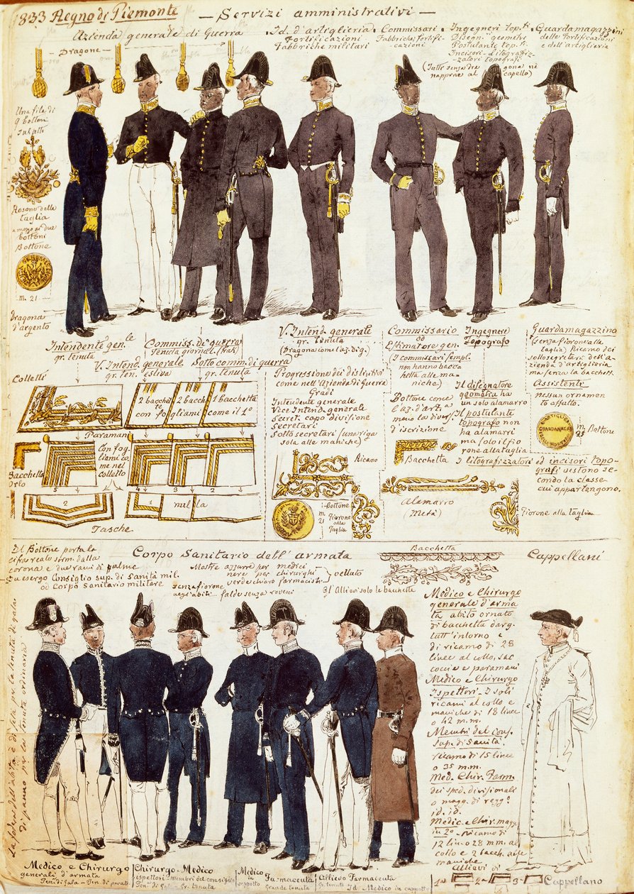 Ulike uniformer fra Kingdom of Sardinia, av Quinto Cenni, fargeplate av Quinto Cenni