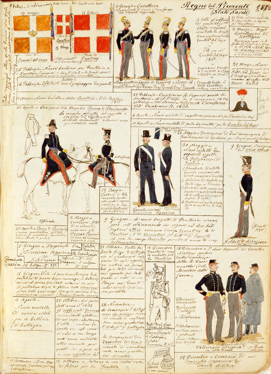 Ulike uniformer fra Kingdom of Sardinia, fargeplate av Quinto Cenni av Quinto Cenni