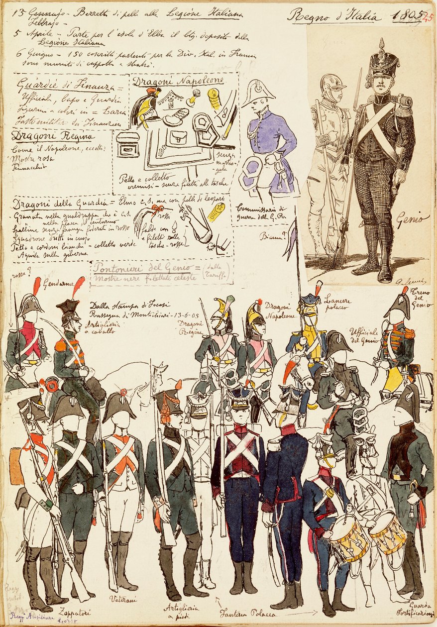 Ulike uniformer fra kongeriket Italia fra 1805. Fargeplate av Cenni Quinto av Quinto Cenni
