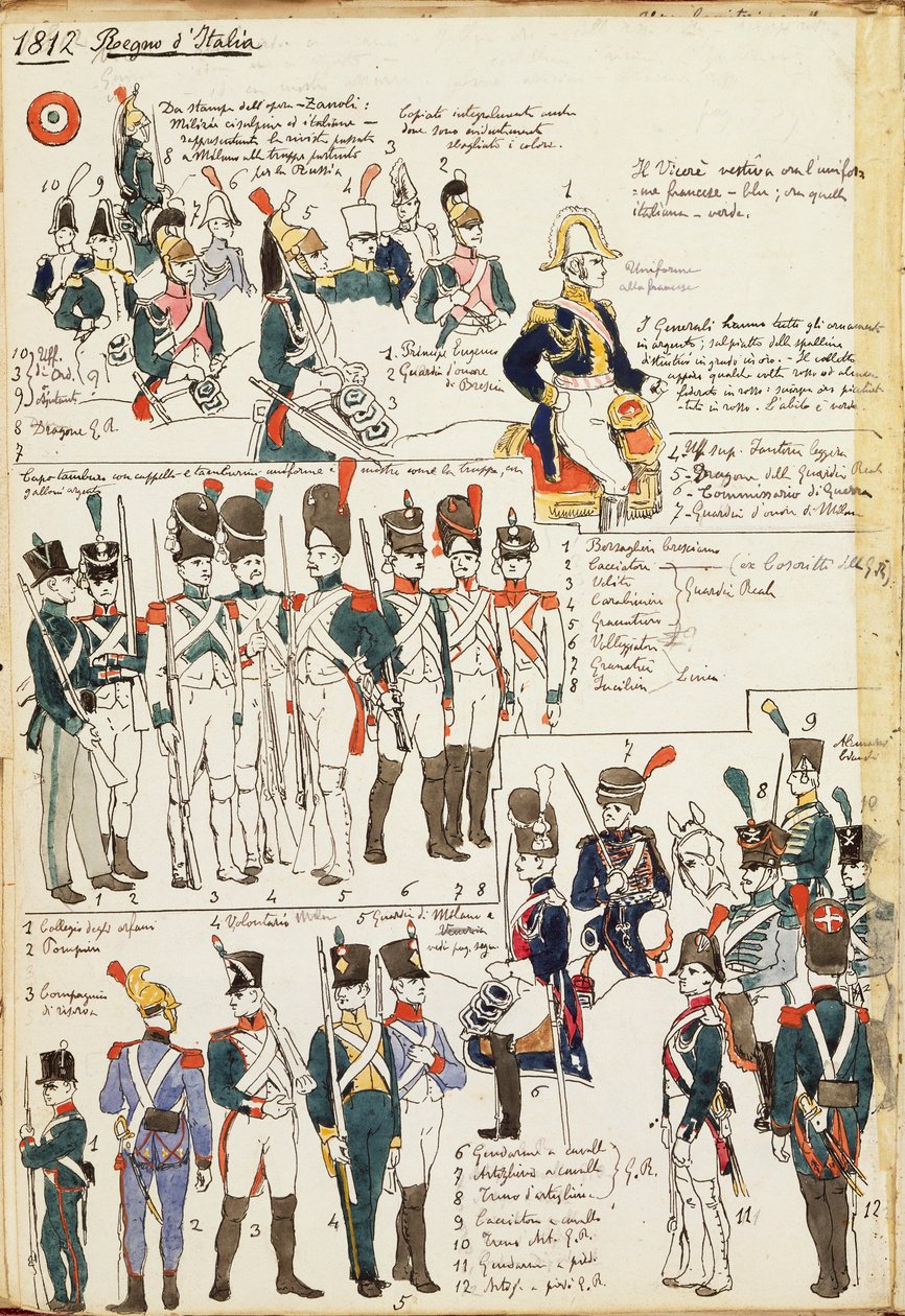 Ulike uniformer fra kongeriket Italia fra 1807. Fargeplate av Cenni Quinto av Quinto Cenni