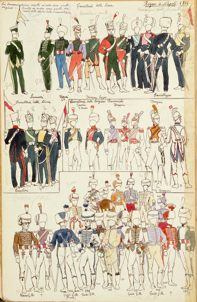 Ulike uniformer fra kongeriket Napoli fra 1814. Fargeplate av Cenni Quinto av Quinto Cenni