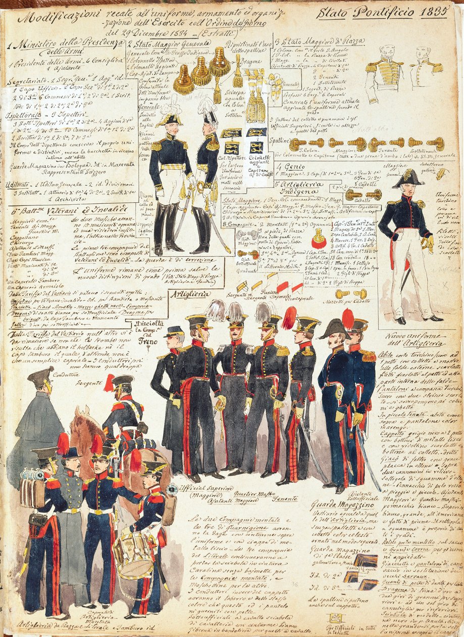 Diverse uniformer fra pavestatene fra 1835. Fargeplate av Cenni Quinto av Quinto Cenni