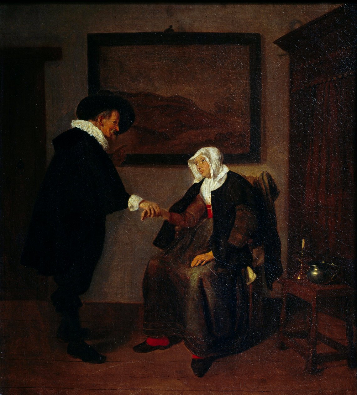 Konsultasjonsmaleri av Quiringh Gerritsz Van Brekelenkam (ca. 1620-1668). Søn 0,57x0,52 m av Quiringh Gerritsz. van Brekelenkam