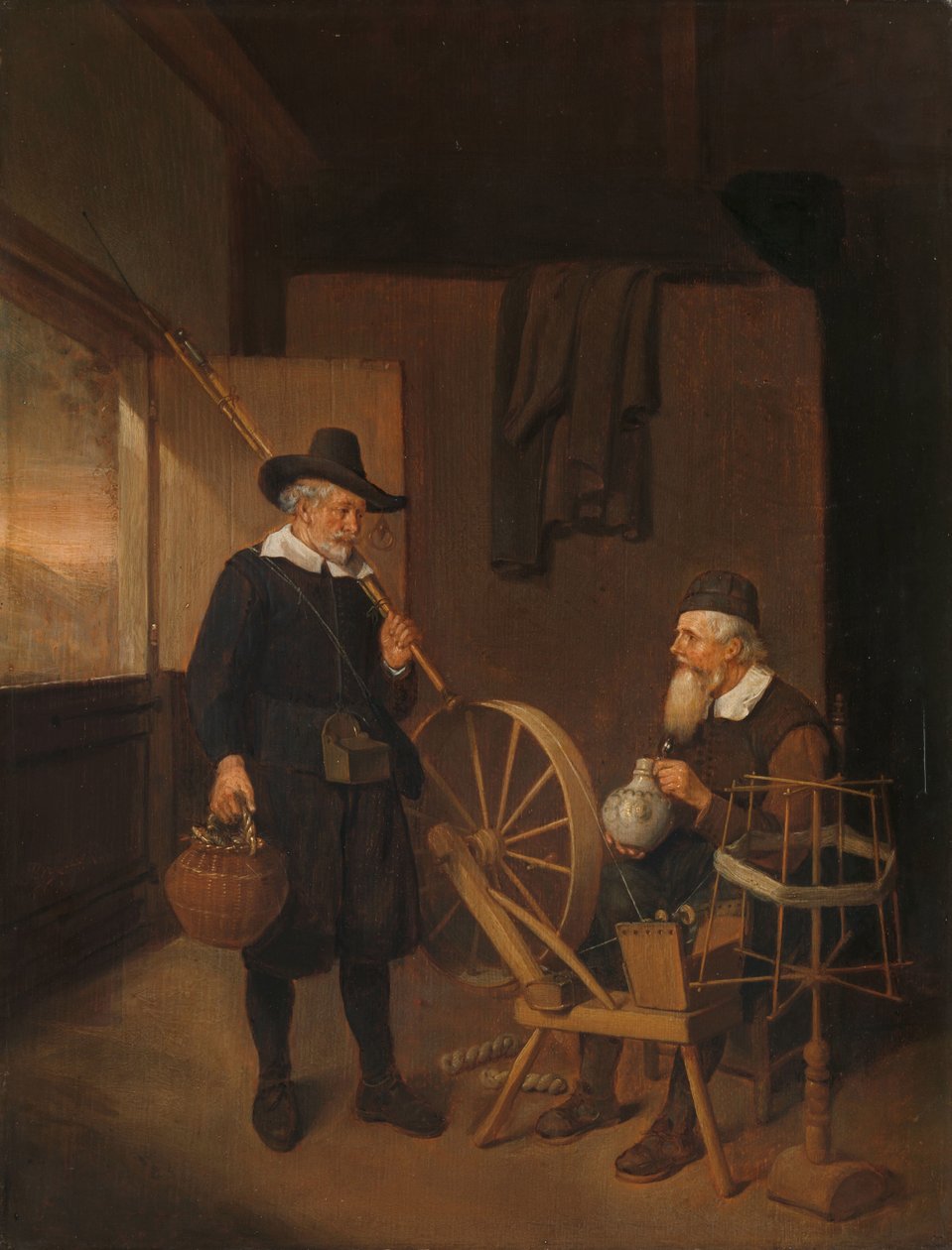Interiør med Fisherman and Man ved siden av en spole og spole av Quiringh Gerritsz. van Brekelenkam