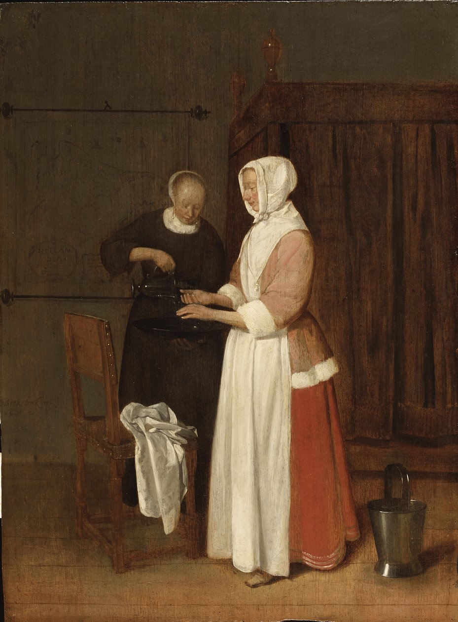 A woman washing her hands - A Woman Washing her Hands, av Brekelenkam, Quiringh van (ca 1622-ca 1669). olje på tre av Quiringh Gerritsz. van Brekelenkam