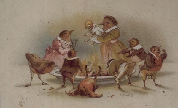 Fuglefamilie, viktoriansk julekort av R. Dudley