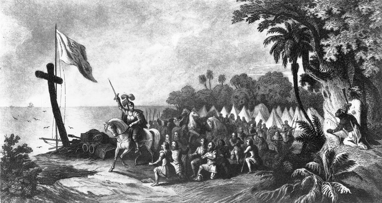 The Landing at Tampa Bay: De Soto and his Followers Swearing to Conquer or Die, gravert av John Sartain (mezzotint) av R. Telfer