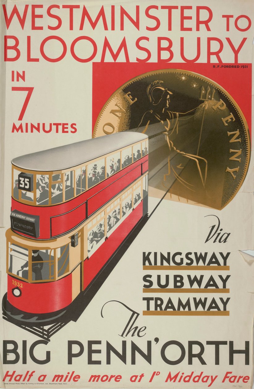 'Westminster to Bloomsbury, the Big Penn'orth', London County Council LCC Tramways-plakat, 1932 av RF Fordred