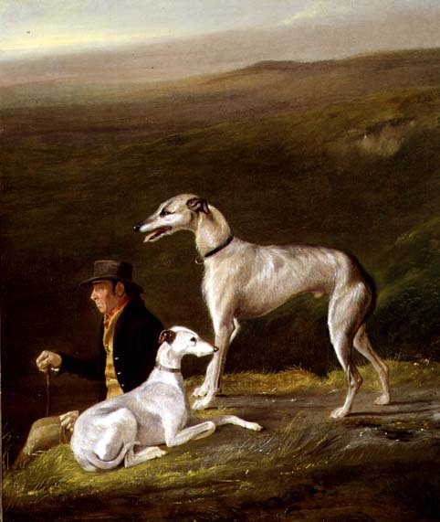 Old Sandy, trener for Alexander Graham, med Two Greyhounds in a Highland Landscape (olje på lerret) av R.G. Brown