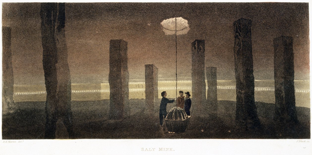 Saltgruve, Cheshire, gravert av J. Bluck, 1814 (farget akvatint) av R.H. after Marten