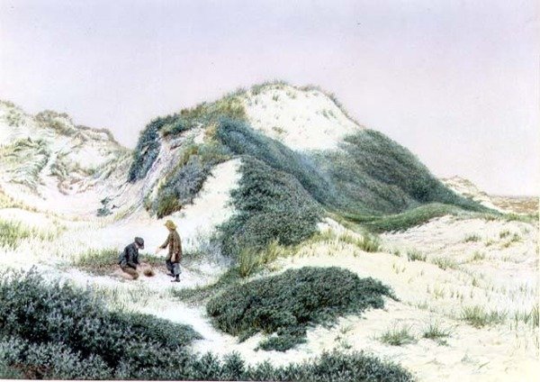 Blant sandbakkene ved Hightown 1885 (akvarell) av R.H. Rutherford