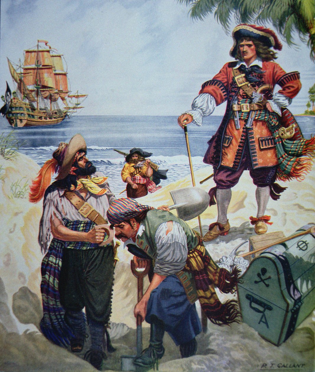 Piratsjef begraver skatten (farge litho) av R.J. Gallant