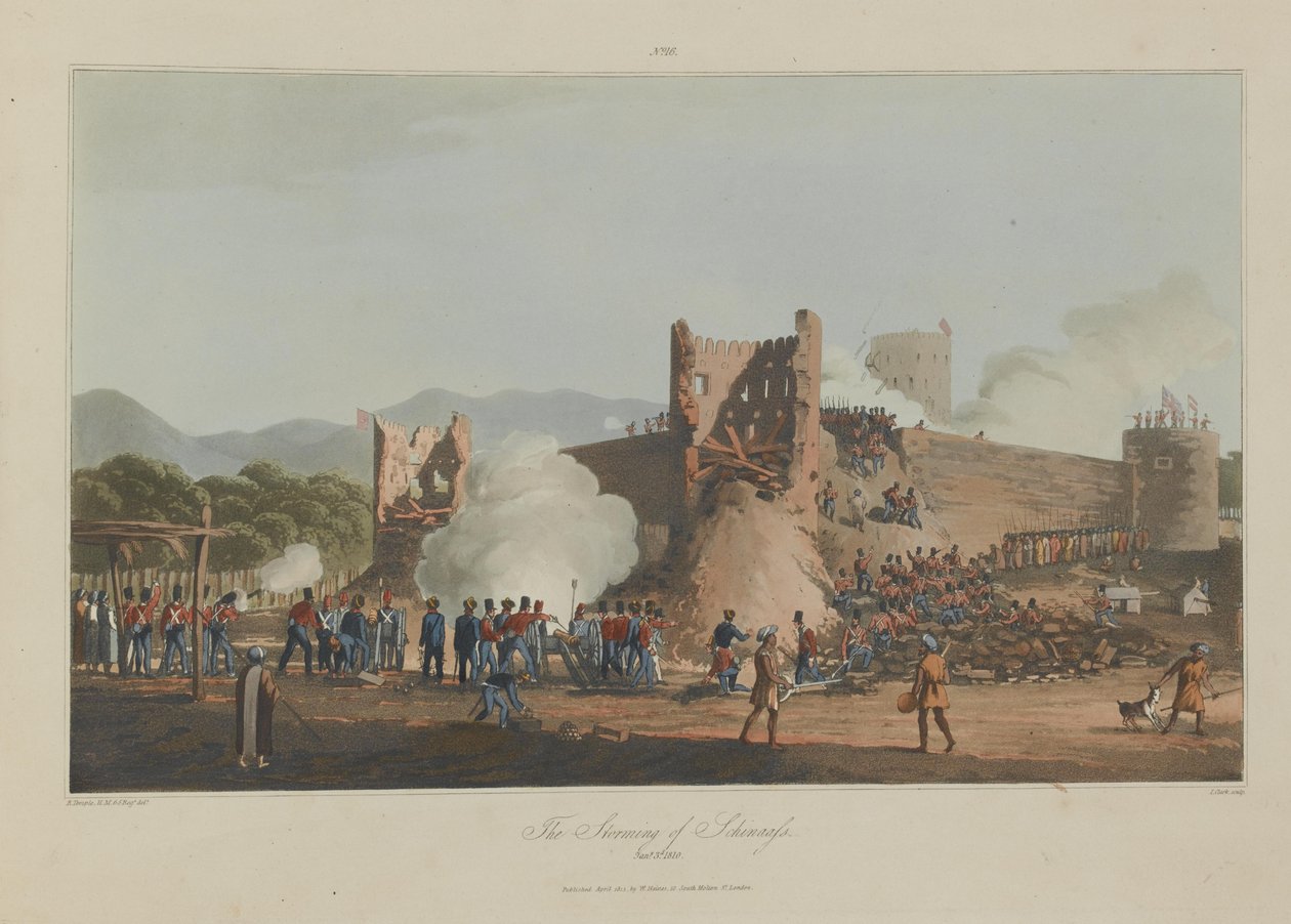 Stormingen av Schinaass, 3. januar 1810, gravert av I. Clark av R. (after) Temple