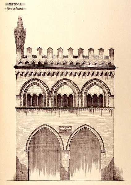 Palace of the Jurisconsults, Cremona, Italia, bygget i 1292, fra "Eksempler på den kommunale, kommersielle og gatearkitekturen i Frankrike og Italia fra det 12. til det 15. århundre" av R. Anderson