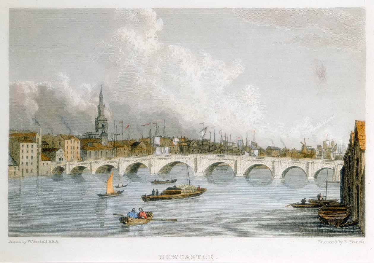 Steinbuet bro over Tyne ved Newcastle-upon-Tyne, England, c1830. av R Francis