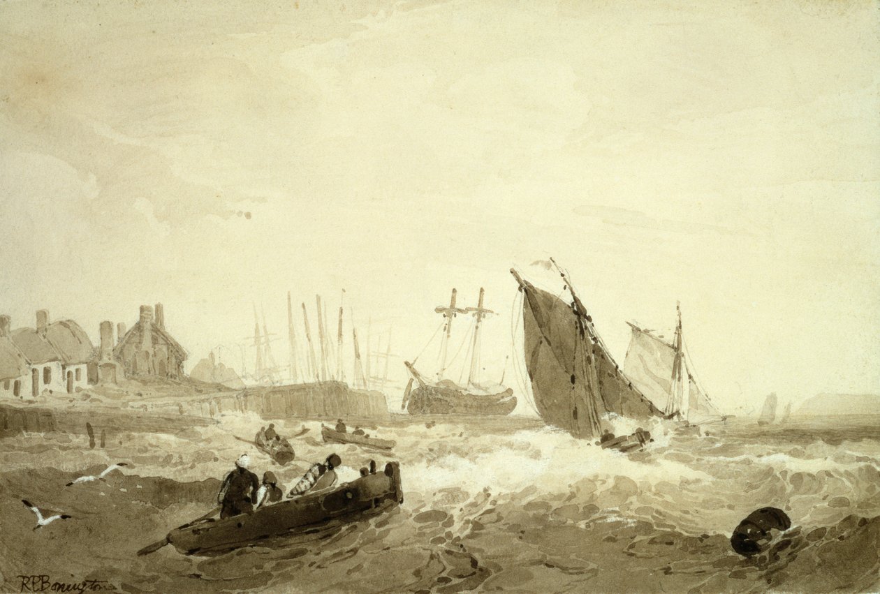 Frakt av St-Valery-Sur-Somme, ca. 1821 (brun vask over grafitt) av R. P. Bonnington