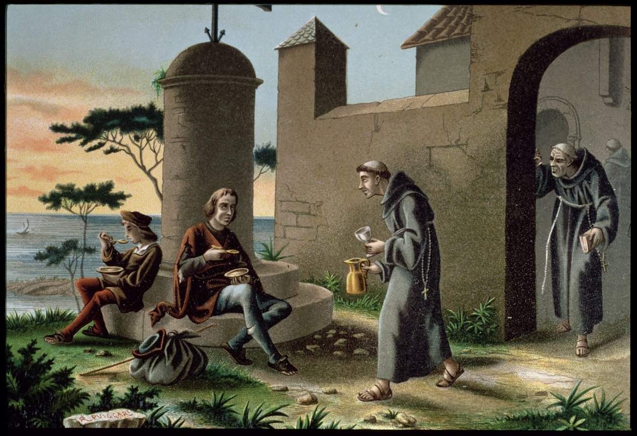 Ankomsten til Christopher Columbus (1451-1506) med sin sønn ved klosteret la Rabida, fra The Discovery of America, utgitt i Barcelona i 1878 (farge litho) av R. Puiggari