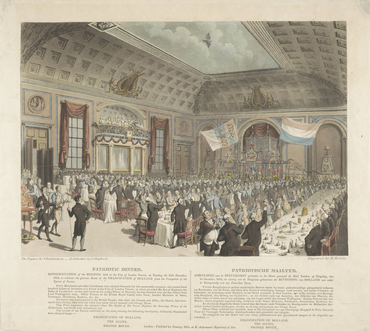Patriotisk middag i London, patriotisk middag i 1813. Representasjon av møtet holdt i City of London Tavern, tirsdag 14. desember 1813 (...) / Patriotic Meal. Bilde av samlingen som ble holdt på hotellet kalt City L av R. Reeves
