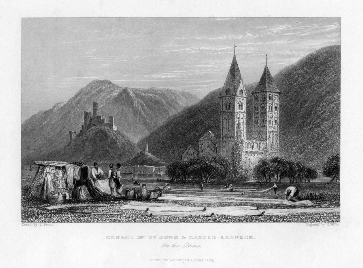 Johanneskirken og slottet Lahneck ved Rhinen, 1838 av R. Wallis
