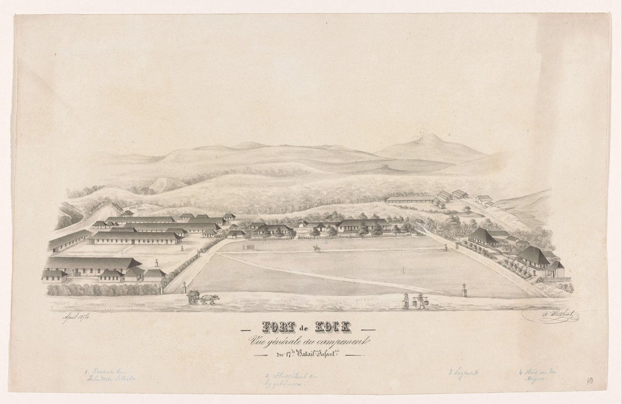 Utsikt over Fort de Kock Fort de Kock / Vue générale du campemente / du 17de Batail.on Infant.rie (tittel på objekt) av R. Walthert (signed by artist)