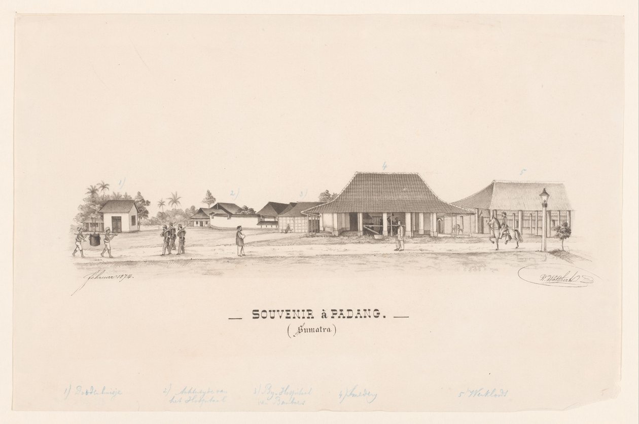 Minne i Padang. (Sumatra) (tittel på objekt) av R. Walthert (signed by artist)