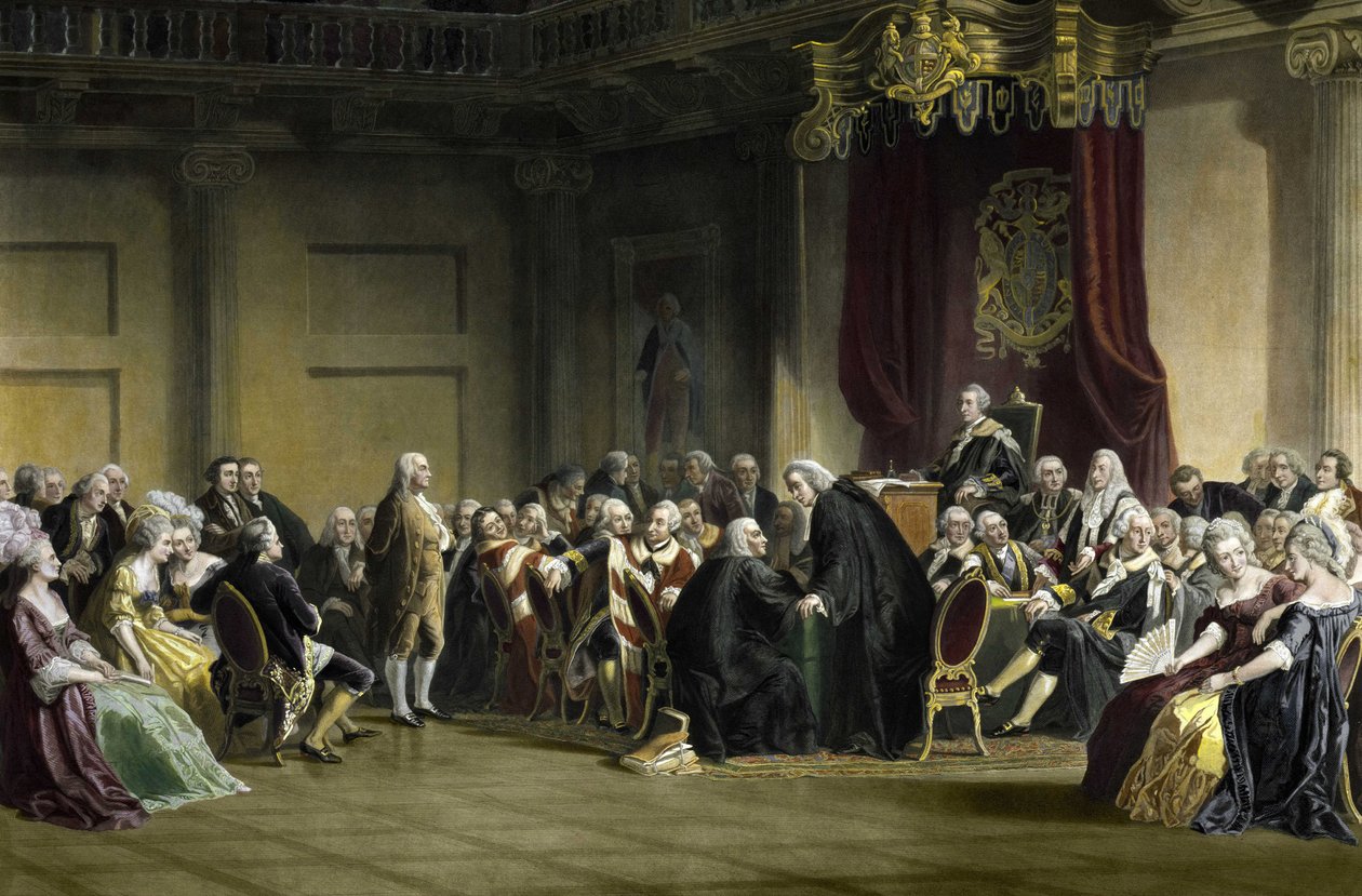 Benjamin Franklin (1706-1790), American philosopher, physicist, and statesman before the Lords of the Privy Council, Whitehall Chapel, London av R. Whitechurch
