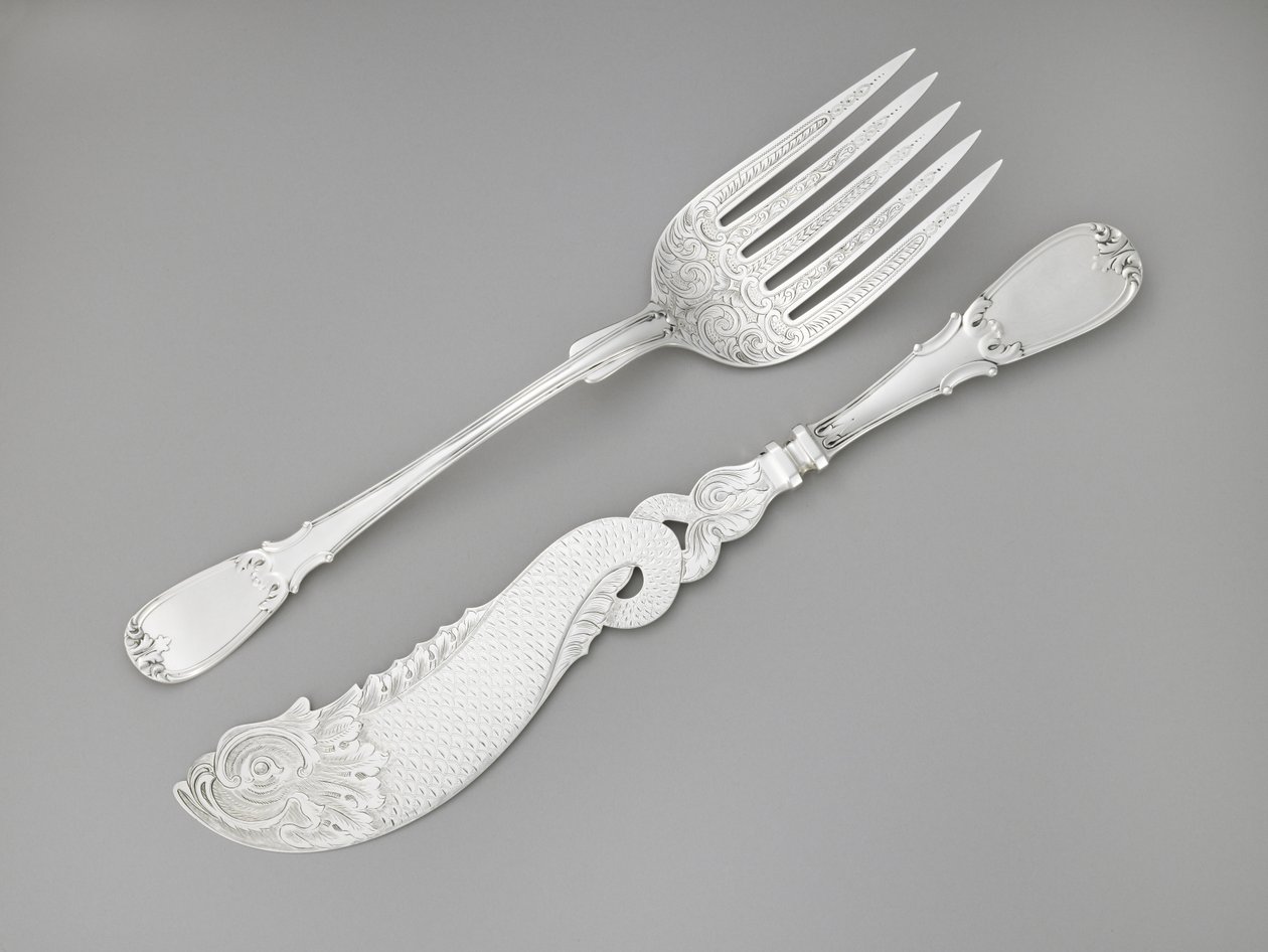 Fiskegaffel og kniv, ca. 1835–1845 (sølv) av R. and W. Wilson