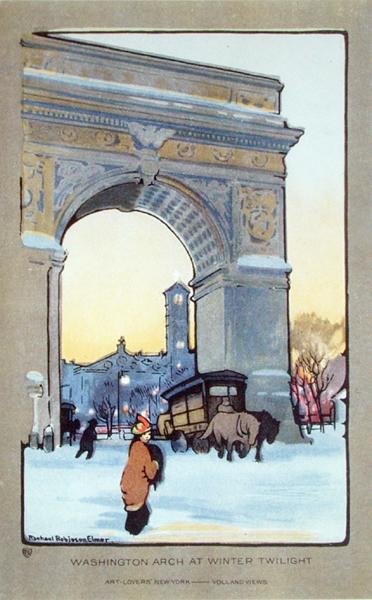 Washington Square Arch at Winter Twilight, postkort, ca. 1914 (farge litho) av Rachael Robinson (after) Elmer