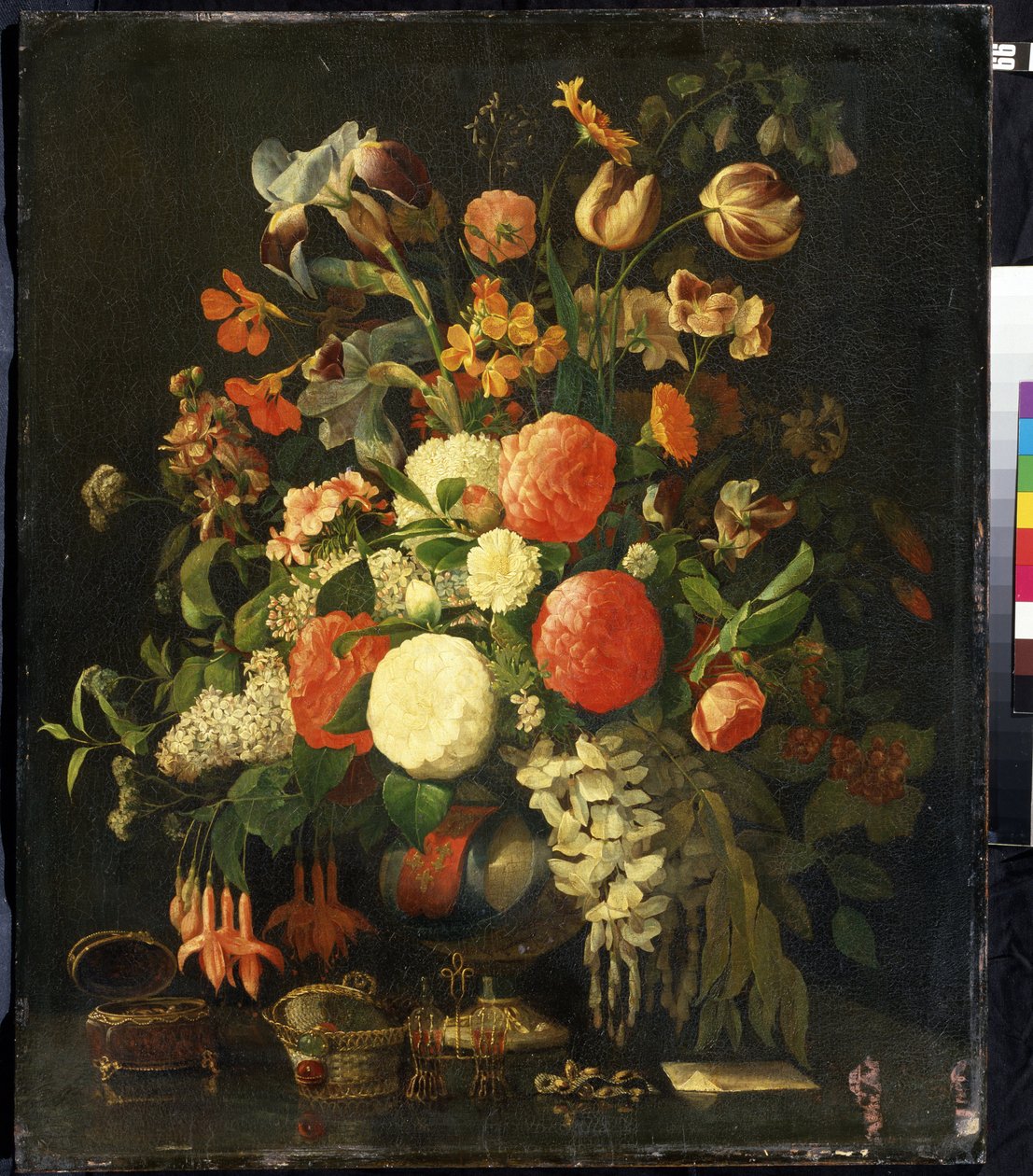 ""Bukett med blomster"" (Blomster) På bordet står smykkeskrin. Maleri av Rachel Ruysch (1664-1750) Mikhail Kroshitsky kunstmuseum fra 1700-tallet, Sevastopol (Sevastopol) Ukraina av Rachel Ruysh