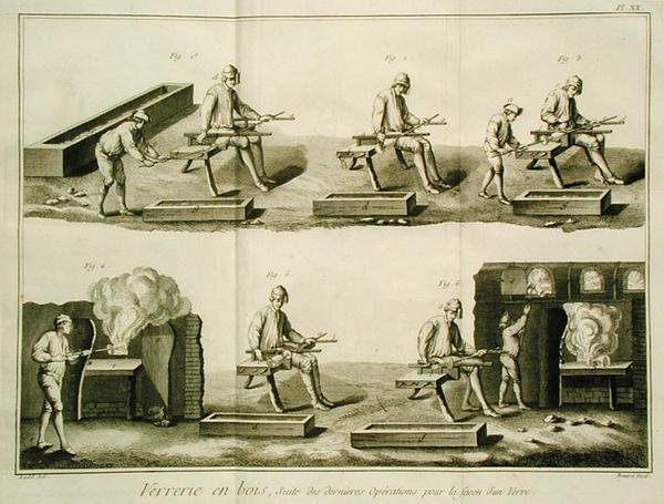 Glassmaking, fra Encyclopedia av Denis Diderot (1713-84), gravert av Robert Benard (f.1734), utgitt ca. 1770 (se også 172392, 172393, 172394) av Radel Radel
