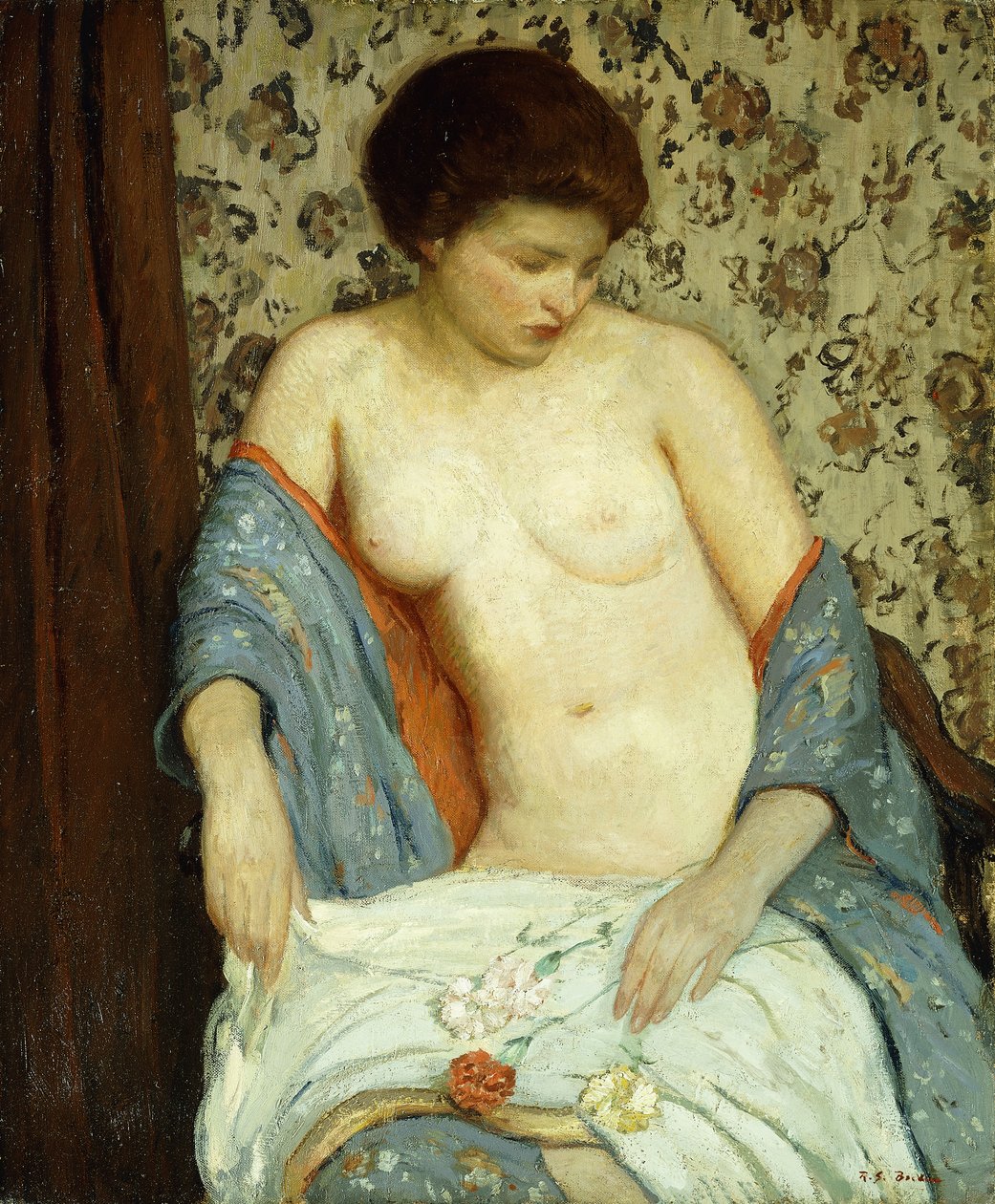 Naken med blå kimono (olje på lerret) av Rae Sloan Bredin