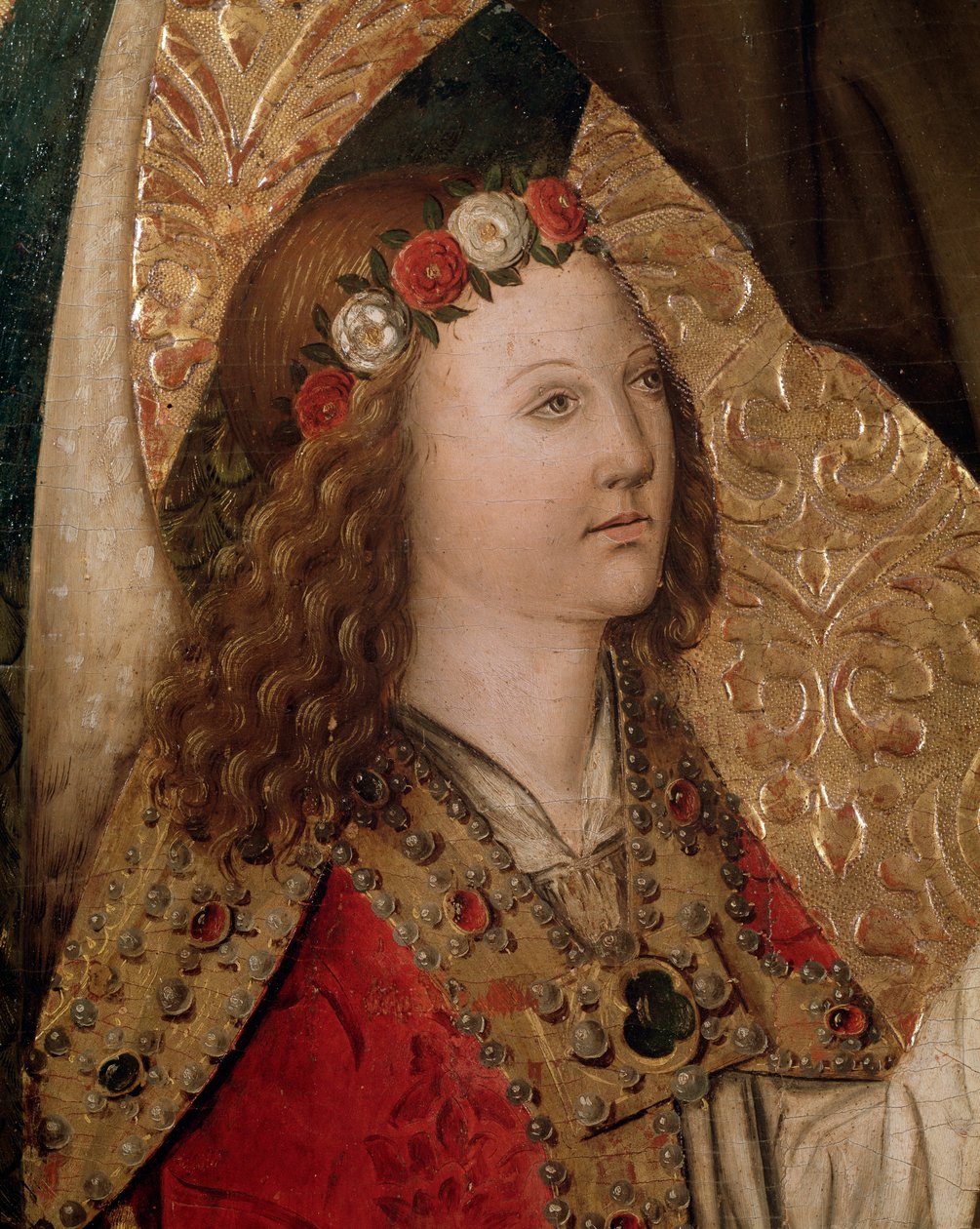 En engel, detalj fra St Bernardin fra Siena altertavle (olje på panel av Rafael & Figuera Joan (active c.1454 1477) Tomas