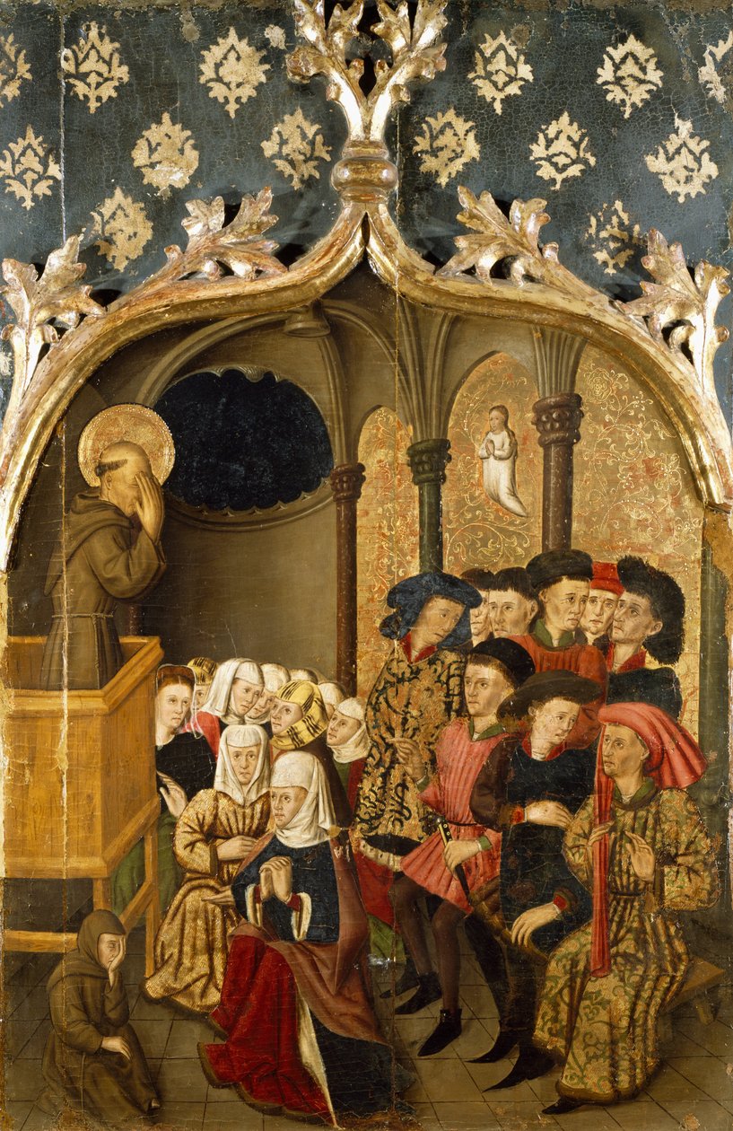 Syn under preken, detalj fra venstre panel av St Bernand altertavle av Rafael Tomas (aktiv 1455-1479), predella av Joan Figuera (aktiv fra 1454-død 1477 eller 1479), tempera på panel, 398, 9x253 cm av Rafael & Figuera Joan (active c.1454 1477) Tomas