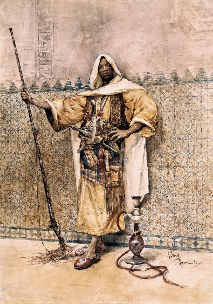 Orientalisme: "" Portrett av en arabisk mann, soldatvåpen, han bærer kniver ved beltet "" Akvarell av Rafael Senet y Perez (1856-1926) 1881 Sevilla. Museum of Fine Arts. av Rafael Senet