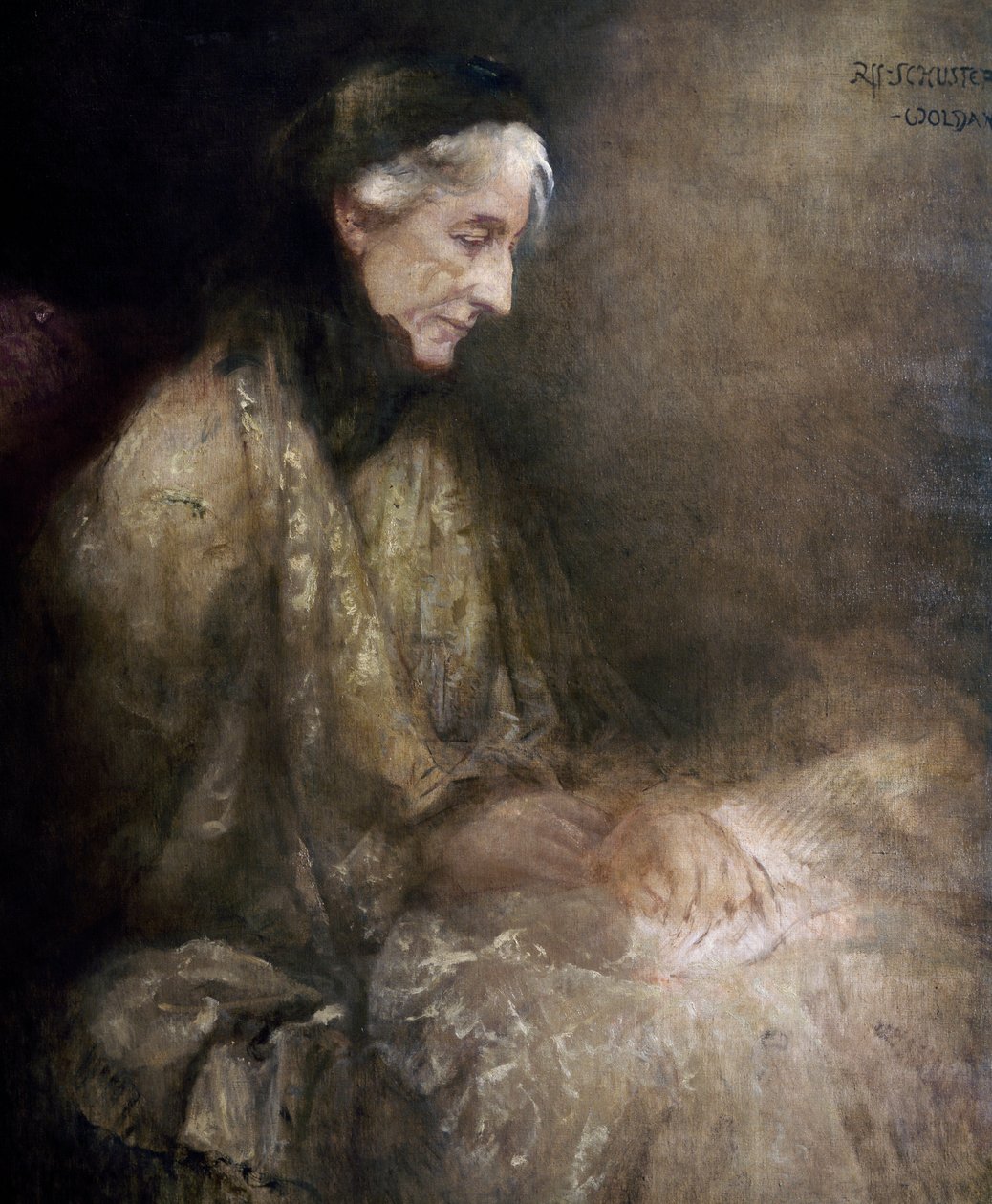 Portrett av Cosima Wagner (1838 - 1930), datter av Franz Liszt, kone til Richard Wagner (olje på lerret) av Raffael Woldan Schuster