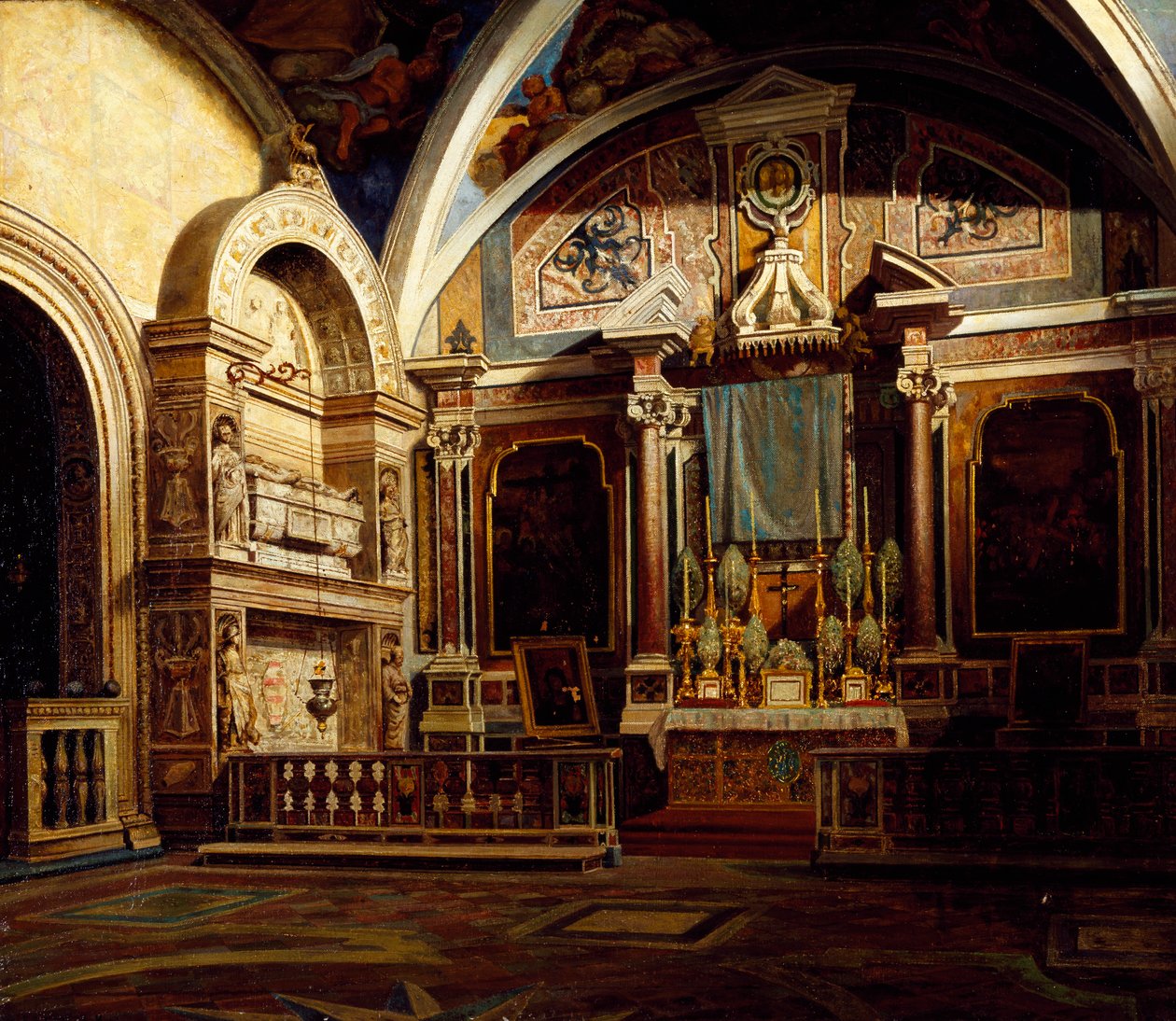 Interiør av San Domenico Maggiore, av Raffaele Armando Califano Mundo (1857-1930), olje på lerret, 50x70 cm. av Raffaele Armando Califano Mundo