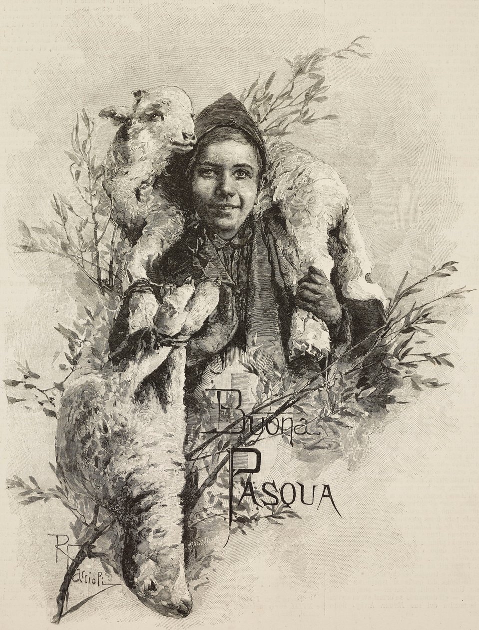 God påske, ung mann med lam på skuldrene, gravering fra maleri av Raffaele Faccioli (1836-1914), fra L