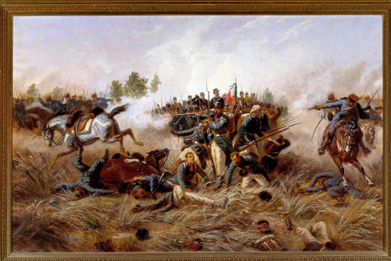 Risorgimento, østerriksk-prøyssisk krig (tredje italienske uavhengighetskrig): utsikt over slaget ved Custoza (Custozza) 24/06/1866 - (tredje italienske uavhengighetskrig, slaget ved Custoza 24. juni 1866) Maleri av Raffaele Pontremoli (1832) -1905) 1897 D av Raffaele Pontremoli