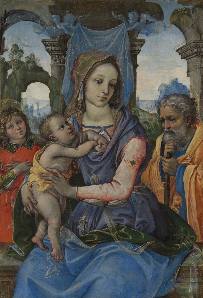Madonna og barn med Saint Joseph og en engel. av Raffaellino del Garbo