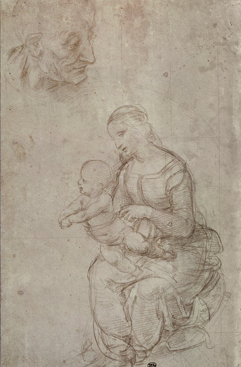 Madonna og barn og hodet til en gammel mann (metallspiss på forberedt blekrosa papir) av Raffaello Sanzio Raphael