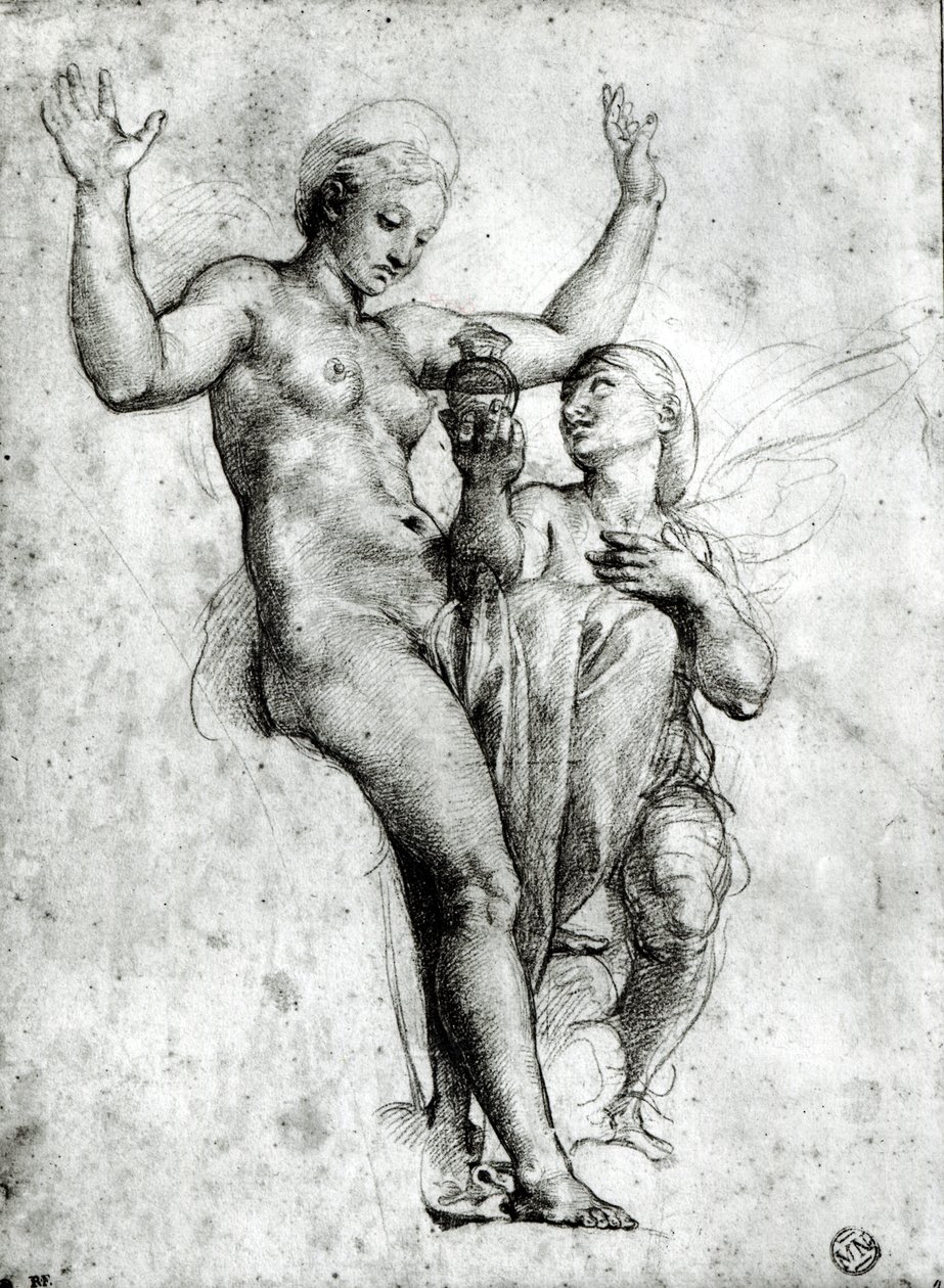 Psyche presenterer Venus med vann fra Styx, 1517 (rødt kritt på papir) av Raffaello Sanzio Raphael
