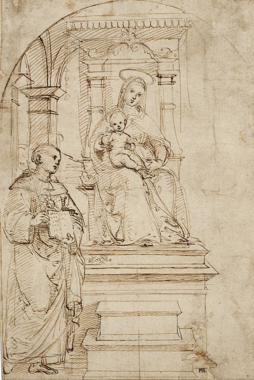 Skisse for en tronet jomfru og barn med Nikolaus av Tolentino av Raffaello Sanzio Raphael