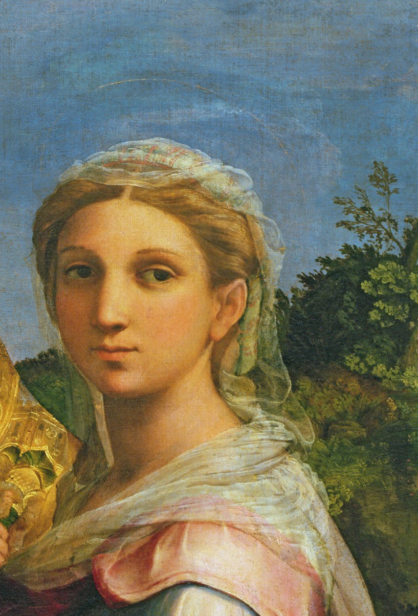 St. Cecilia omgitt av St. Paul, St. Johannes evangelisten, St. Augustine og Maria Magdalena, ca. 1513 detalj av 182507) av Raffaello Sanzio Raphael